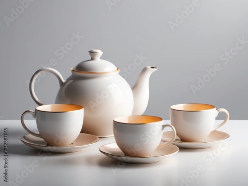 Wallpaper Mural Elegant white ceramic tea set with gold rim detailing for refined corporate hospitality and simplified elegance. Torontodigital.ca
