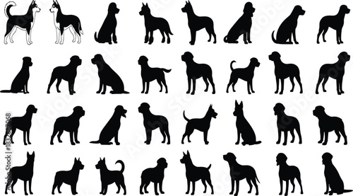 Collection of Dog Silhouettes in Various Poses and Breeds dog breeds canine