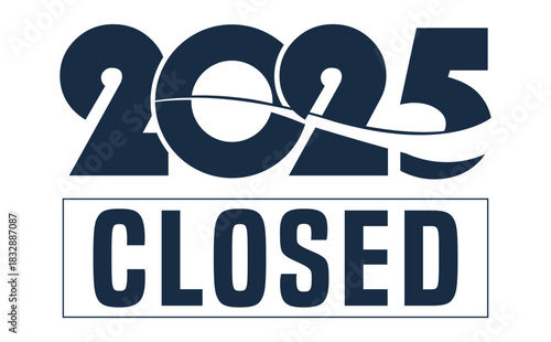 Modern “closed” typography logo in bold navy blue with dynamic swoosh line, isolated on white background, ideal for New Year events, business presentations, and futuristic branding designs.