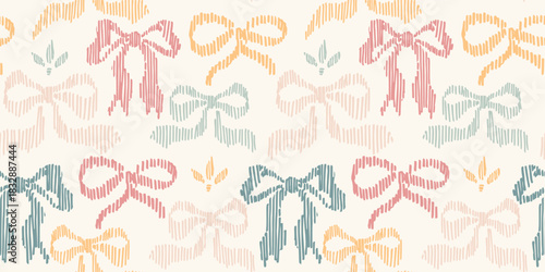 Seamless pattern with freehand ink doodle abstract bows. Trendy cute embroidery stitch background. Hand drawn vector illustration. Boho, cottage core, needlework retro wallpaper.