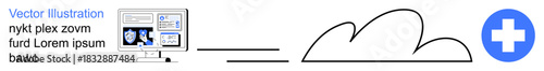 Cloud computing, online healthcare, digital storage solutions, medical data management, future technology, IT integration. Digital clouds and medical cross near a computer. Cloud computing and online