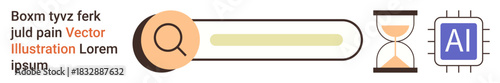 Digital tools, data management, artificial intelligence, time tracking, online research, innovation. Modern search bar, hourglass AI chip. Data management and artificial intelligence concept