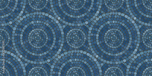 Seamless pattern blue Circular Mosaic. Decorative Antique Stone Ornament.