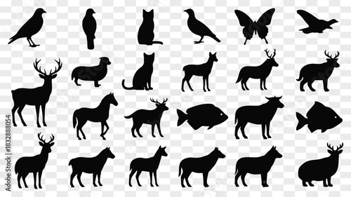 Animal kingdom silhouettes featuring wildlife birds mammals and fish collection