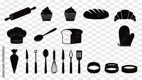 Assortment of Black and White Bakery and Kitchen Utensil Icons
