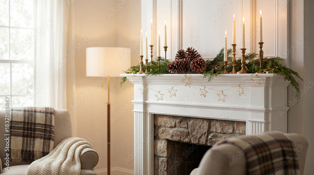 Obraz premium Elegant living room with cozy armchairs and festive pinecone garland on fireplace mantel decorated with candles and greenery