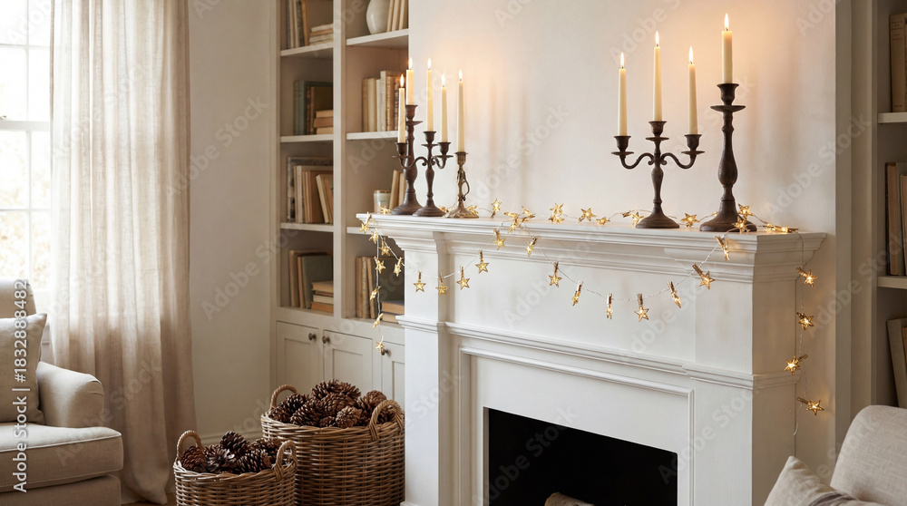 Obraz premium Elegant living room with white fireplace, lit candles, pinecones in baskets, and star string lights for cozy winter atmosphere