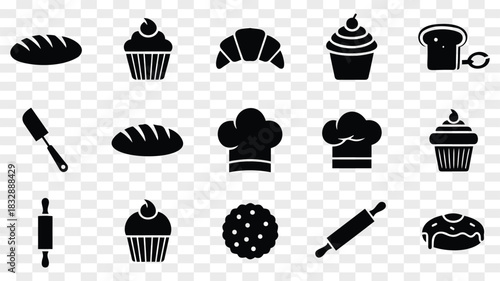 Bakery goods and utensils simple black silhouette collection illustration