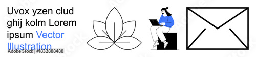 Wellness, work, communication, technology, tranquility, correspondence. A lotus flower, a female on a laptop and an envelope icon. Wellness and work theme with modern design elements
