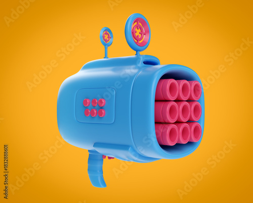 Cartoon futuristic alien space gun in bright colorful glossy style. Realistic 3d illustration for child toy or concept art for game.