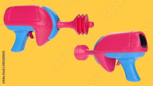 Cartoon futuristic alien space gun in bright colorful glossy style. Realistic 3d illustration for child toy or concept art for game.