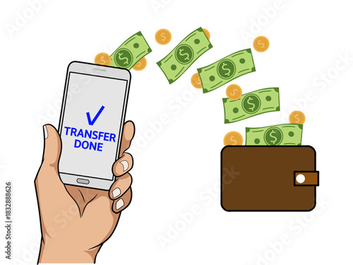 A vector illustration of a hand using a phone to complete a money transfer, with cash flying into a wallet. Perfect for mobile banking, e-wallet, and digital finance concept