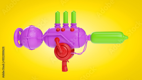 Cartoon futuristic alien space gun in bright colorful glossy style. Realistic 3d illustration for child toy or concept art for game.