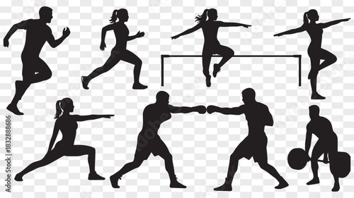 Athletic Training Silhouettes Engaging in Various Fitness Activities Vector Illustration