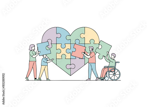 Diverse Group of People Collaborating to Assemble a Heart Shaped Puzzle Representing Unity Inclusion and Teamwork in Soft Pastel Colors on a Black Background