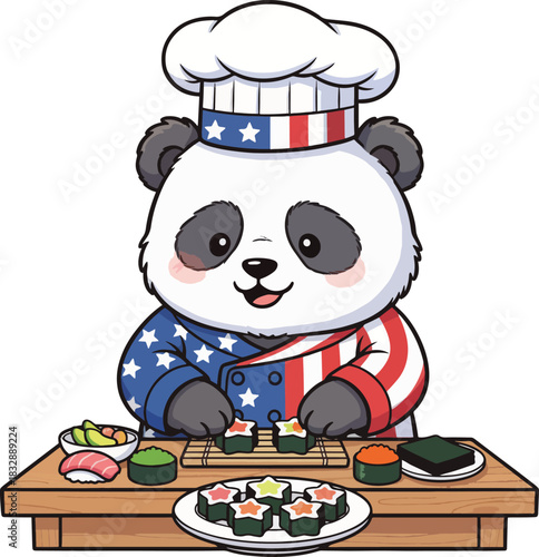 Patriotic Panda Chef Making Sushi in the USA Kitchen with Stars and Stripes