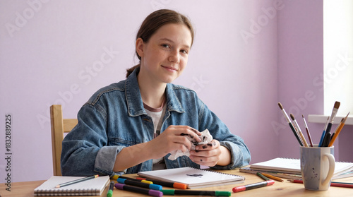 Smiling teenage girl sitting at desk engaging in creative art project with pencils, markers, notebooks, and paintbrushes in a bright room