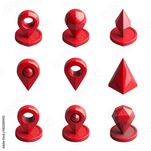 Set of 3D Geometric Map Pin Pointers Red Transparent Background PNG