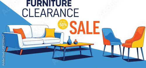 Furniture clearance sale with sofa and chairs isolated on white background