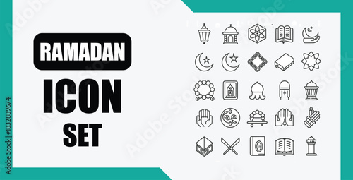 Ramadan icon set featuring islamic line icons on transparent background silhouette