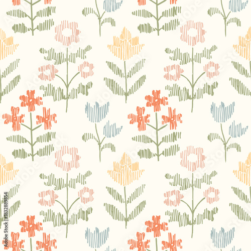 Seamless pattern with freehand ink doodle abstract flowers. Trendy floral embroidery stitch background. Hand drawn vector illustration. Boho, cottage core, needlework retro wallpaper.