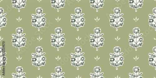 Seamless pattern with freehand ink doodle abstract flowers. Trendy green floral block print background. Hand drawn vector illustration. Boho, cottage core, embroidery retro wallpaper.