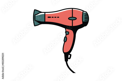 Illustration of a pink and gray hair dryer with a black cord on white background