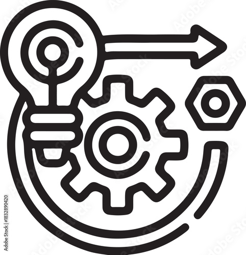 Abstract silhouette of a lightbulb gear and arrow representing innovation process and mechanical engineering solutions isolated on transparent background