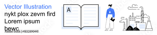 Education, urban planning, industrial development, sustainability, academic focus, creativity. An open book, a factory and a person in focus. Education and industrial development concept