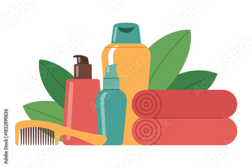 Illustration of bath products including bottles towels comb and green leaves