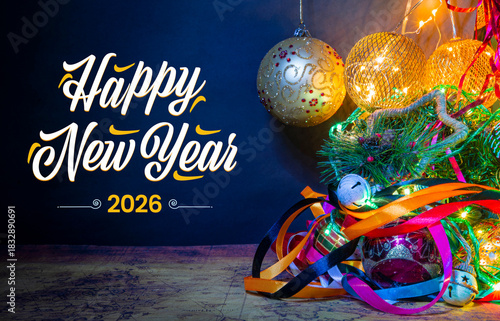 Happy New Year 2026 Post card with Christmas ornaments banner