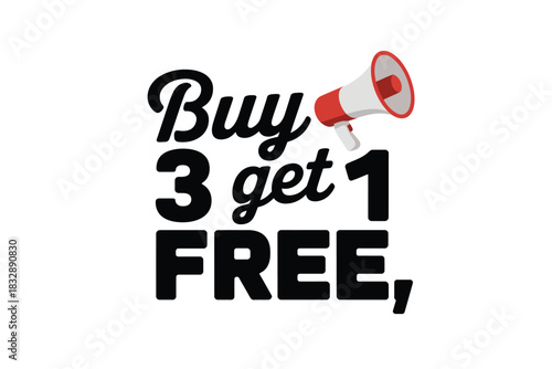 Illustration of a promotional offer buy three get one free with a megaphone icon