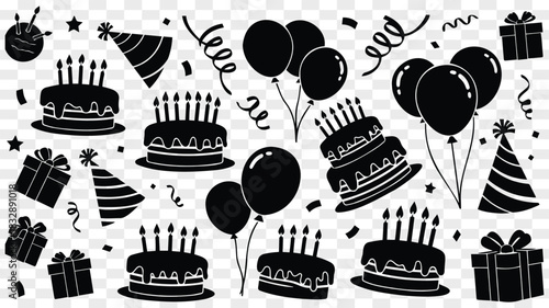 Celebration birthday party elements seamless pattern with cakes balloons gifts