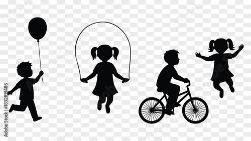 Children enjoying outdoor activities playing with balloon rope and bicycle