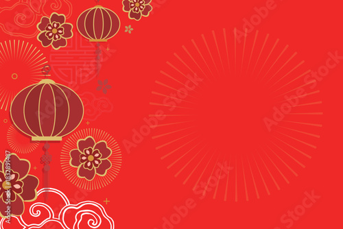 Vibrant red background with hanging lanterns and floral patterns — ideal for Lunar New Year marketing visuals.