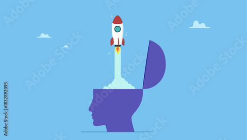 Open human head launch rocket. Open minded, innovation or improvement with knowledge or wisdom, learning or thinking enlightenment, start, begin project, discover or release project.
