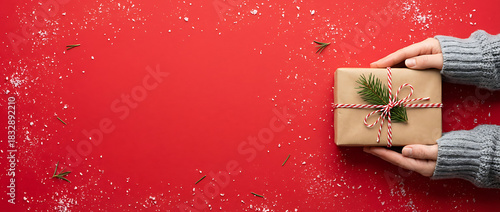 Female's hands in pullover holding Christmas gift box decorated with evergreen branch on red background with snow. Christmas and New Year banner.