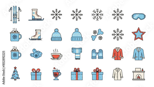 A collection of colorful winter-themed line icons representing holidays, sports, and cold weather essentials.