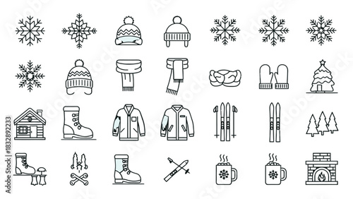A collection of winter-themed icons including snowflakes, hats, scarves, mittens, boots, jackets, skis, a cabin, trees, a campfire, and a fireplace.
