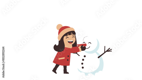 A girl in winter clothes is building a snowman, putting a carrot on its face.