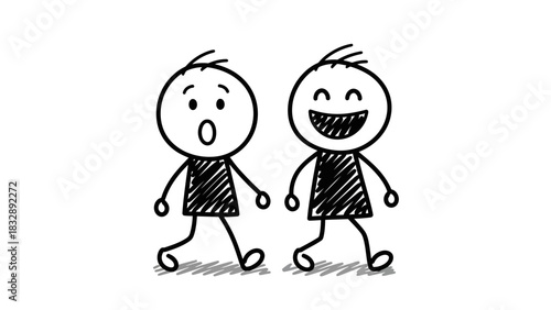 Two hand-drawn stick figures walking together, one with a surprised expression and the other laughing happily.