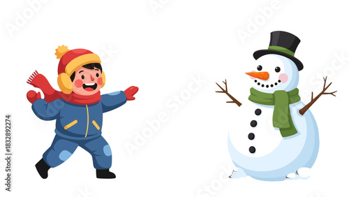 A cheerful boy in winter clothing throws a snowball at a snowman wearing a hat and scarf.