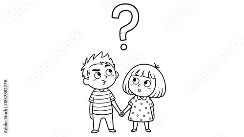 A curious boy and girl holding hands, pondering a question mark above them.