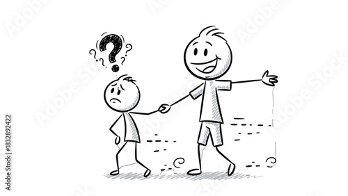 A stick figure with a question mark above its head is being led by a smiling, encouraging stick figure.