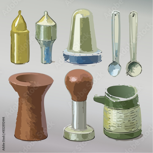 A collection of diverse kitchen tools and gadgets, including a press, spoon, and other utensils for culinary preparation