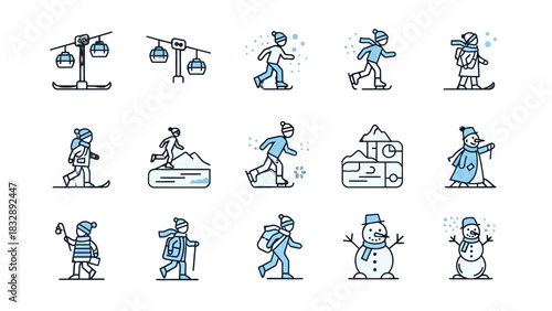 Set of blue and grey line icons depicting winter activities and seasonal concepts.