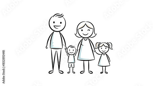 A simple, hand-drawn illustration of a happy family of four, including parents and two young children, holding hands.