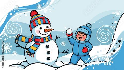 A cheerful cartoon illustration of a child in winter clothing throwing a snowball at a friendly snowman.