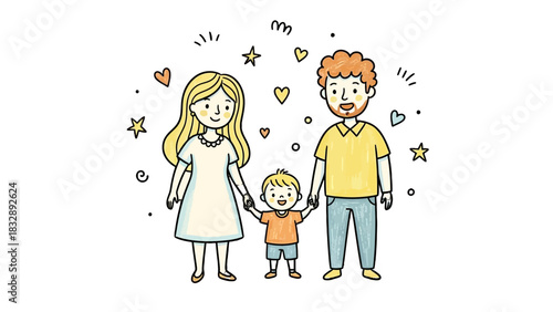 A happy, smiling family of three, including a mother, father, and young child, holding hands and surrounded by stars and hearts.