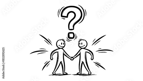 Two stick figures shaking hands under a large question mark, symbolizing collaboration, problem-solving, or uncertainty in partnership.